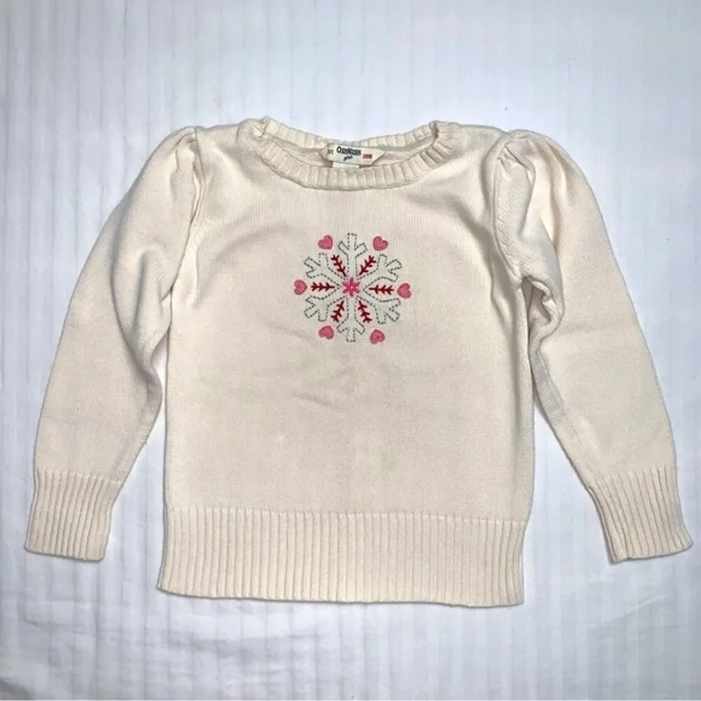 OshKosh Ivory Knit Snowflake Heart Applique Girl Pullover Puff Sleeve Sweater